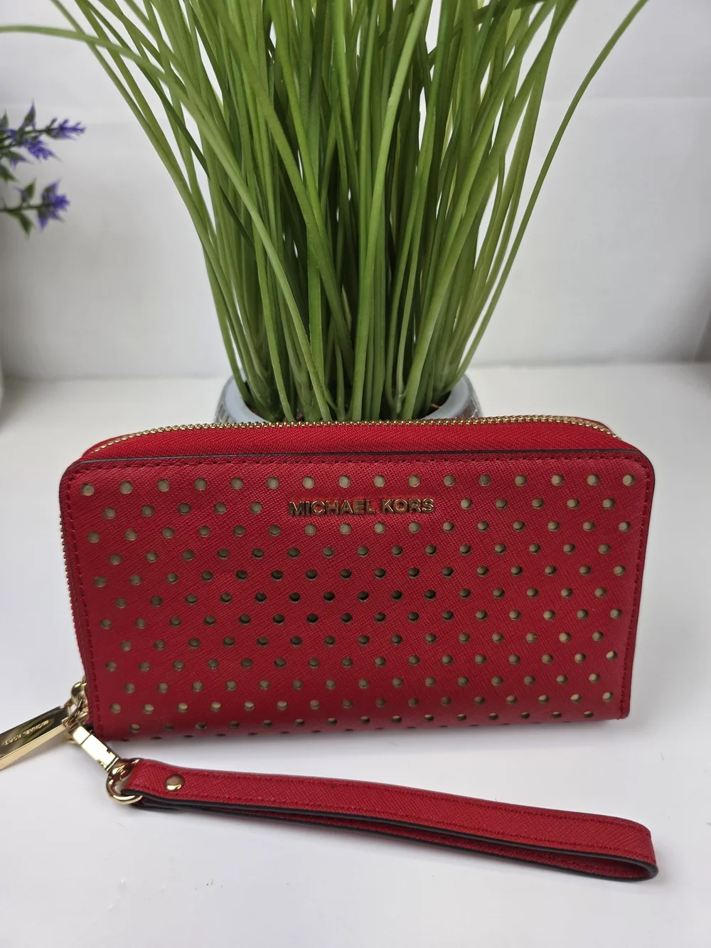 Michael Kors Red Perforated Zip Wristlet Wallet